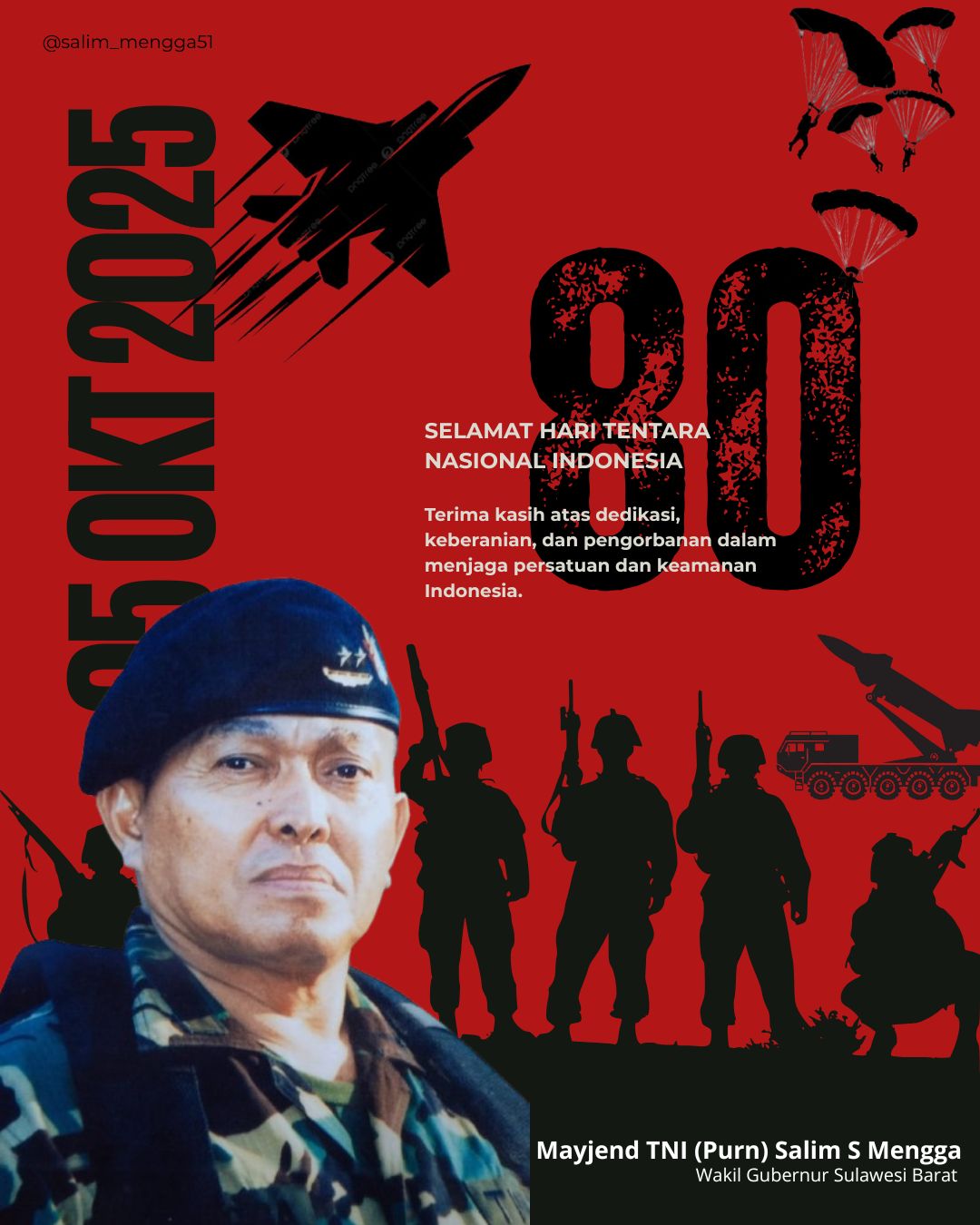 TNI Prima, TNI Rakyat, Indonesia Maju” Wagub Sulbar Sampaikan Ucapan Penuh Semangat di HUT ke-80 TNI